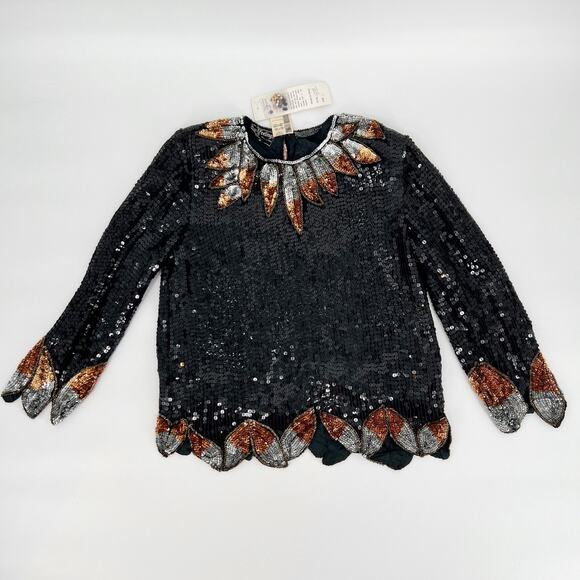 Vintage Royal Feeling Silk Sequin Evening Blouse Top NEW Small Black Silver Glam - Picture 3 of 11